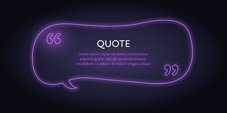 Vector neon lamp quote frame template. Retro style illuminated pink talk bubble for citation quotes isolated on black. Design form element for media, flyer, presentation, citation, review, commentのイラスト素材