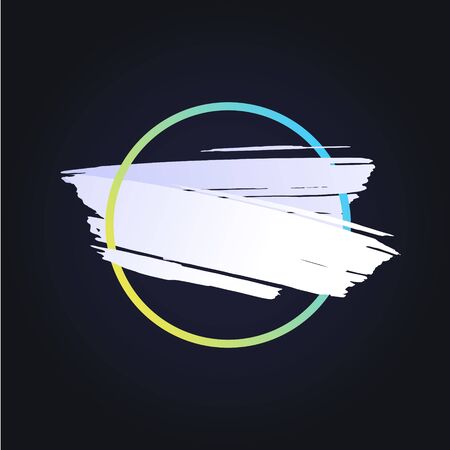 Vector modern abstract brush banner. White stroke shape with gradient yellow to blue circle frame isolated on black background. Design element for trendy style presentation, web, banner, poster, logo.のイラスト素材