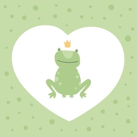 Vector scandinavian frog character illustration. Colorful childish green royal frog sit with a crown in heart shaped frame isolated on white. Design for child goods decoration, print, web backdropsのイラスト素材