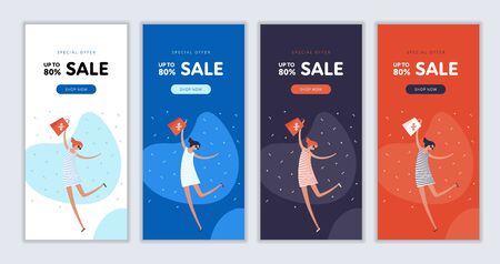 Vector flat school sale voucher template set. Cheerful girl with discount shopping bag on colorful background. Design vetyical banner for autumn sale, university, courses, college, supplies, poster.のイラスト素材