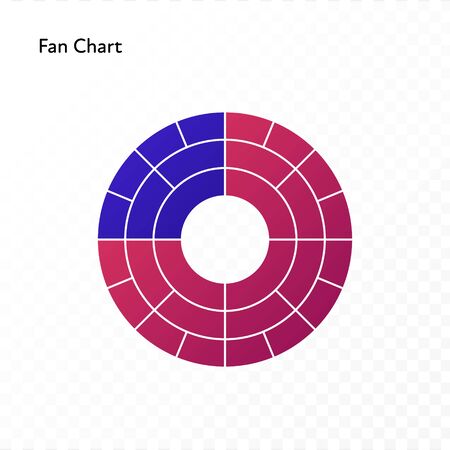 Vector color flat chart diagram icon illustration. Red and blue gradient fan chart. Circle isolated on transparent background. Design element for ancestor, statistics, analitics,ui, report, webのイラスト素材