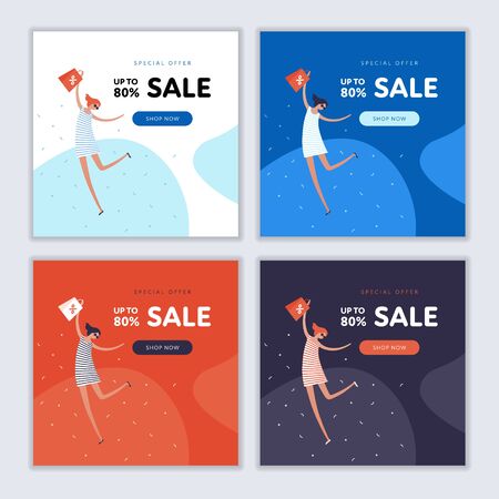 Vector flat school sale voucher template set. Happy girl with discount shopping bag on colorful background. Design advertisment banner for autumn sale, university, courses, college, supplies, poster.のイラスト素材