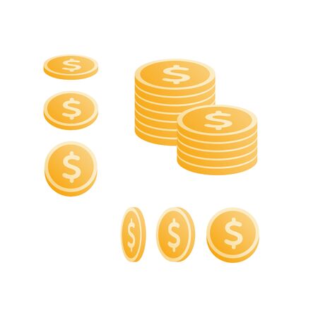 Vector coin money flat illustration. Set of gold dollar coins flip and piles isolated on white background. Design element for banner, poster, website, casino, game. Concept of treasure, financial bankのイラスト素材