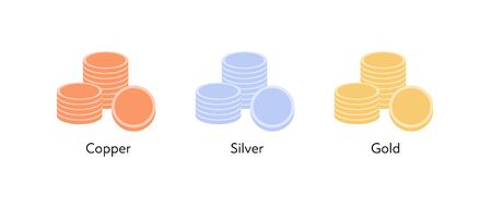 Vector coin money flat illustration. Set of gold, silver and copper pile of coins isolated on white background. Design element for banner, poster, website, casino, game, web. Concept of treasure, bankのイラスト素材