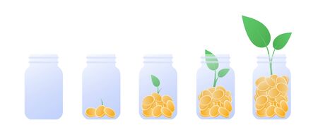Vector coin money in jar flat illustration. Set of glass full of coin isolated on white background. Design element for banner, poster, website, bank, game. Concept of financial investment, pension.のイラスト素材