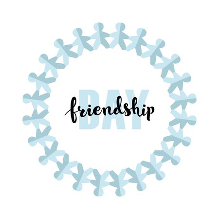 Vector happy friendship day banner. Blue and black text on white background with gradien blue color paper people circle frame. Holiday design for web, poster, invitation card, party, school event.のイラスト素材