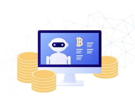 Vector flat crypto currency person business illustration. Robot on computer screen and coin symbol isolated on white. Design element for banner, poster, web, infographic. Concept of ai in traidingのイラスト素材