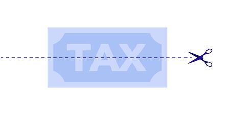 Vector flat business tax cut illustration. Scissors cutting banknote money symbol isolated on white. Concept of lower tax. Design element for banner, poster, webのイラスト素材