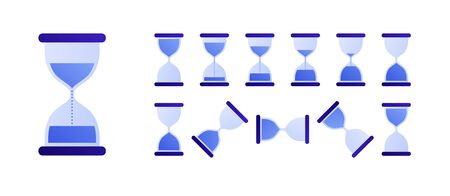 Vector flat hourglass clock animation illustration. Blue gradient sandglass rotating icon set...