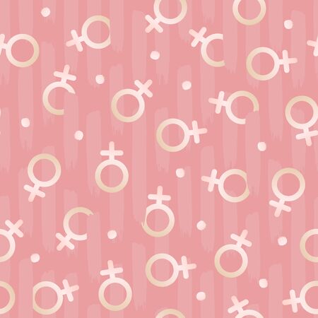 Vector flat woman symbol seamless pattern template illustration. White female sign isolated on pink background. Concept of feminism, friendship. Design backdrop tile paper, texture, print, textile.のイラスト素材