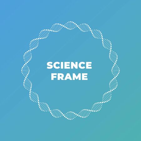 Vector science dna flat banner template. White atom spiral frame around text holder isolated on blue gradient background. Design for web, presentation, banner, poster.のイラスト素材