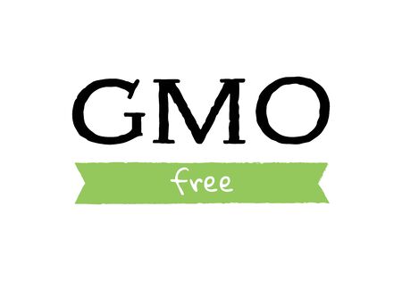 Vector eco sticker design template. "GMO free" text with green ribbon. Concept of green ecology food. Design for presentation, poster, wrapping.のイラスト素材