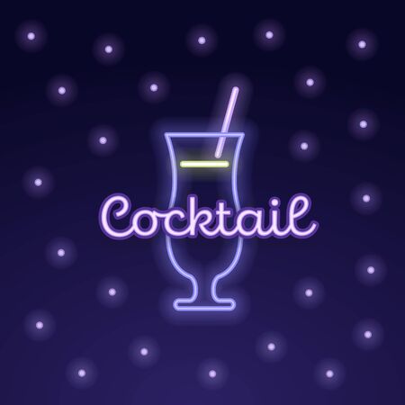 Vector modern neon light cocktail party banner template. Pink glass with straw symbol and bubbles isolated on gradient background. Design pack element for alcoholic beverage menu, ad, restaurant, cafeのイラスト素材