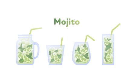 Vector modern flat mojito cocktail illustration set. Green color glass with classical mohito drink with text isolated on white. Design element for alcoholic beverage menu, ad, restaurant, cafe.のイラスト素材