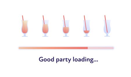 Vector modern flat cocktail preloader icon illustration. Glasses with straw and red fluid from empty to full isolated on white. Design element for website alcoholic menu, ad, cafe, party invitationのイラスト素材