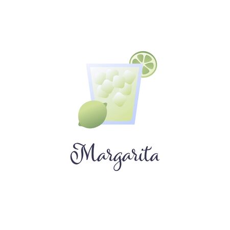 Vector modern flat cocktails illustration. Green margarita cocktail in glass with lime slice symbol isolated on white background. Design element for alcoholic beverage menu, ad, restaurant, cafe.のイラスト素材
