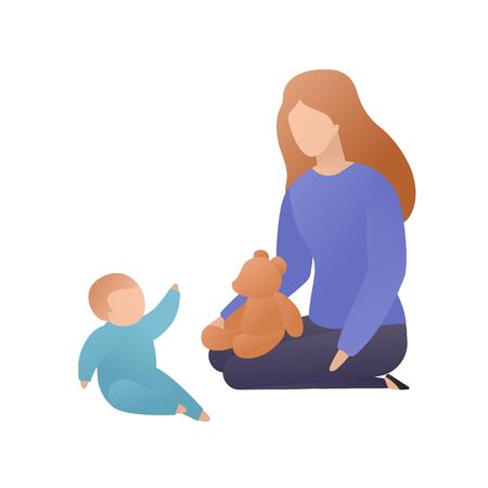 Trendy flat family character vector cartoon illustration. Set of young adult playing with her child isolated on white background. Concept of love, relationship and guardianship. Design elements.のイラスト素材