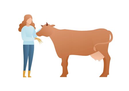 Trendy flat farmring character vector cartoon illustration. Woman farmer care of a cow standing isolated on white background. Working cloth, animal. Organic farm concept.のイラスト素材