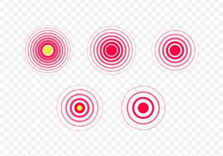 Set of vector pain dot radial icons. Red gradient flat circle ache symbol isolated on transparent background. Design element illustration for infographic, drugs, treatment, medical poster, health careのイラスト素材
