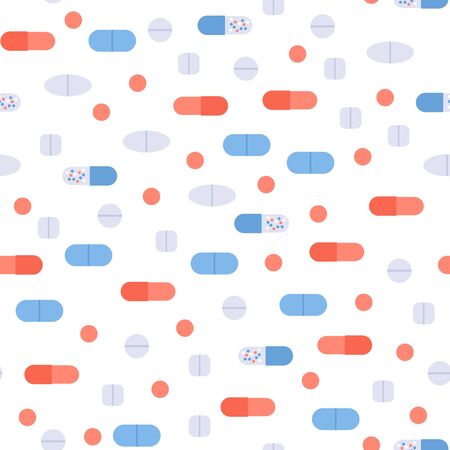Vector flat color pill seamless pattern. Colorful red, blue, yellow, white pills in rows isolated on white background. Design tile element for web, banner, poster, presentation, textile, ui.のイラスト素材