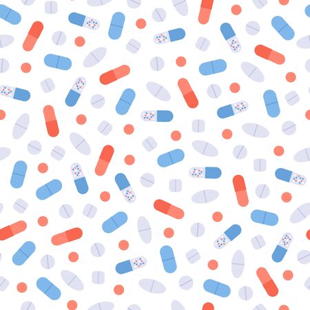 Vector flat color pill seamless pattern. Colorful red, blue, yellow, white pills isolated on white background. Design tile element for pharma web, banner, poster, presentation, textile, ui.のイラスト素材