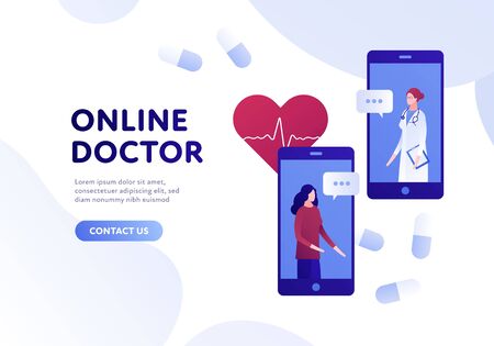 Vector modern flat online doctor banner template. Smartphone with female doctor and patient, pills and heart on white background. Design for web clinic, hospital, service, diagnostic, advertismentのイラスト素材