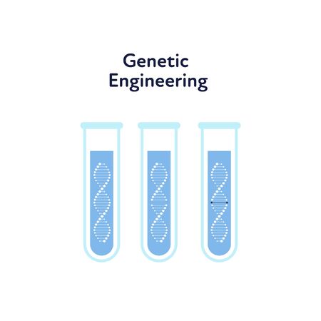 Vector genetic engineering banner template. Three blue color testing tubes symbolising change of dna on white background. Design element for medicine, science, clinic, experiment, therapy, researchのイラスト素材