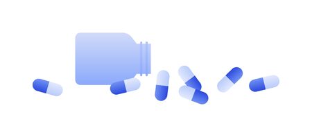 Vector flat bottle of pills illustration. Blue spilled pill and empty container isolated on white background. Design element for poster, flyer, card, banner, uiのイラスト素材