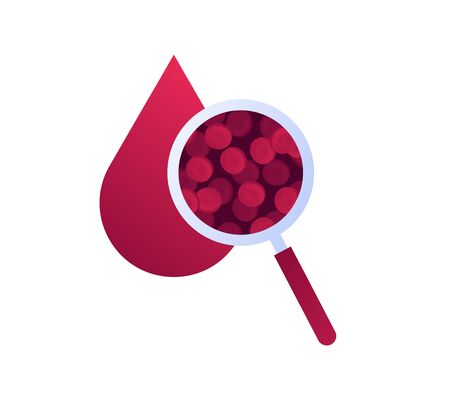 Vector flat blood laboratory icon illustration. Magnifier glass zoom blood drop cell. Concept of dna, hiv diagnosis lab. Design element for poster, flyer, card, banner, uiのイラスト素材