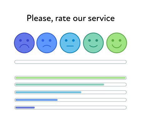 Vector horizontal mood tracker element set. Smile with progress bar with five gradation from violet disappointment to green satisfaction. Element of design for client service assessment, web, ui.のイラスト素材