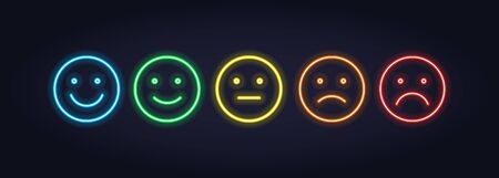Vector neon icon set for mood tracker. Five color lamp illuminated emotion smile from satisfied to anger isolated on black. Emoticon element of UI design for client rating, feedback, surveyのイラスト素材