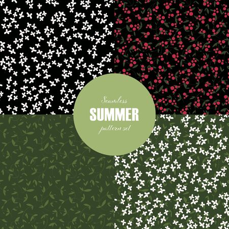 Set of vector seamless flower pattern template. Pretty white and red wildflower isolated on green and black color background. Blossom tile design for textile, cloth, wrapping paper, web, print, fabricのイラスト素材