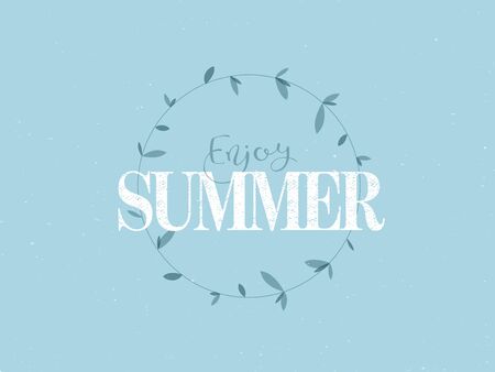 Vector minimalistic style banner with text "Enjoy summer" in frame of leafs isolated on blue background. Cute illustration advertising design banner for summer events, stores.のイラスト素材