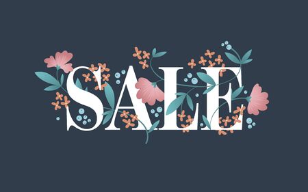 Vector sale banner with plants isolated on blue background. Cute colorful flat red and yellow flowers, leaf and berries. Advertising design poster for summer and spring events, stores, social network.のイラスト素材