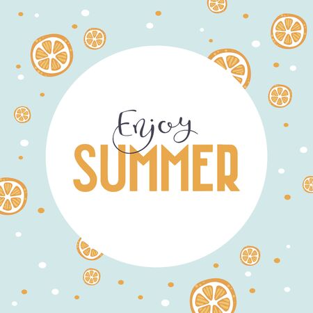 Vector fruit banner template. Enjoy Summer text on circle frame on blue background with oranges. Colorful design for poster or advertizing.のイラスト素材