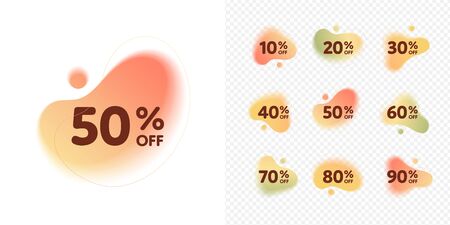 Vector dinamic liquid autumn color sale banner tags template set. Abstract shapes on discount flyer layout on transparent background. Design special offer illustration for poster, leaflet, voucher.のイラスト素材