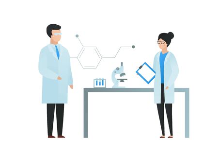 Trendy flat scientist character vector illustration. Set of cartoon male and female science team standing in laboratory with table, microscope, test tube, and molecula formula sign. Design element.のイラスト素材