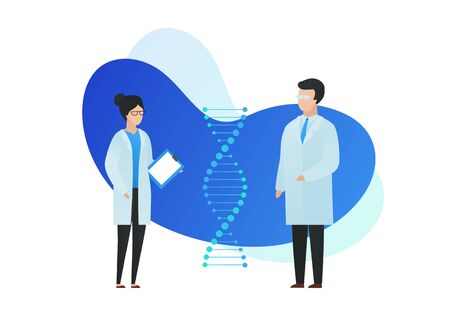 Trendy flat scientist character vector illustration. Set of cartoon male and female science group standing in front of amoeba fluid gradient shape and dna spiral structure. Design element.のイラスト素材