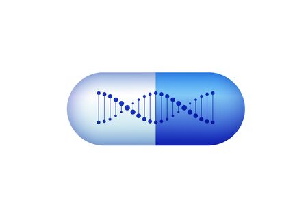 Vector science design elements. Flat blue gradient DNA spiral symbol in 3d pill isolated on white. Concept of gmo, gene modification. Design for scientific banner, poster, logo, infographic, webのイラスト素材