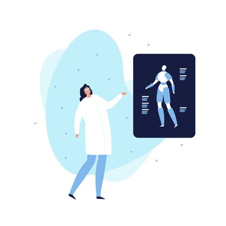 Vector modern flat robotic science banner template. Female scientist and blue android poster on trendy fluid mephis shape isolated on white background. Design element for future science, robotic, ai.のイラスト素材