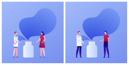 Vector flat doctor patient conversation illustration banner template. Set of female and male talking with medic with bottle background. Concept of pharma, prescriptions. Design element for poster, webのイラスト素材