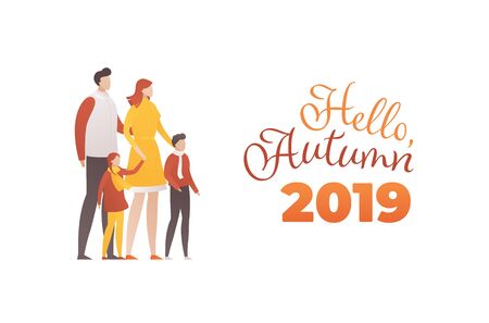Vector flat hello autumn banner template. Cozy family modern style characters in autumn cloth and text isolated on white background. Design element for poster, advertisment, web, ui, landing pageのイラスト素材