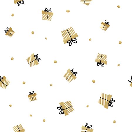 White and gold seamless gift pattern. Giveaway holidays repeated pattern, present boxes illustration. Abstract wallpaper, wrapping paper printのイラスト素材