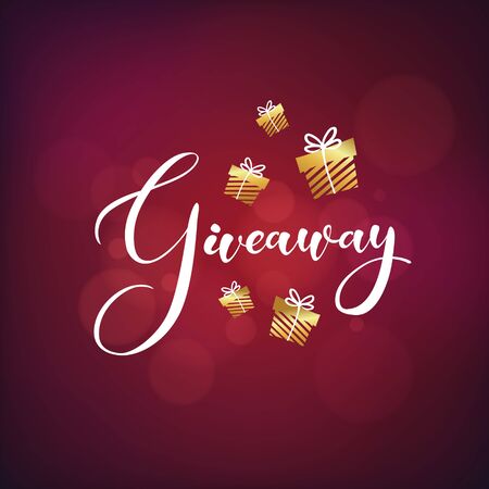 Golden gift boxes with text "giveaway" on red bubble background. Banner design for different holidays. Hand-drawn giveaway lettering text for smm accounts, blogs, banners.のイラスト素材