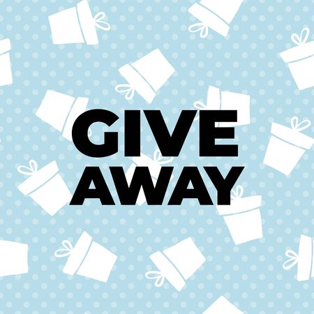 Giveaway vector illustration for promotion in social network. Banner of giving present for like or repost advertising of business account. White boxes and dots isolated on blue background.のイラスト素材