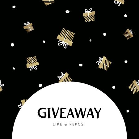 Giveaway vector frame template. Golden gift box and dots on black with text "giveaway" in semicircular frame for promotion in social network. Giving present banner for like or repost.のイラスト素材