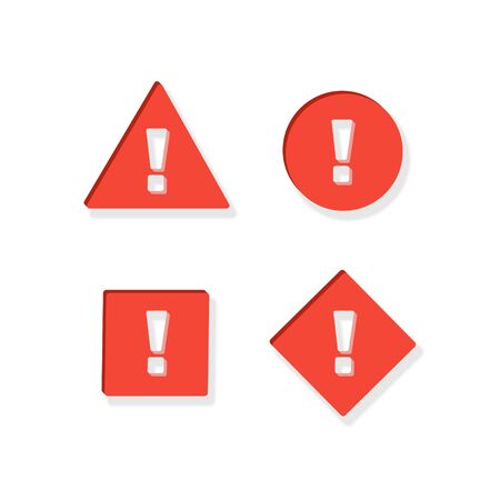 Vector paper cut attention icon set. Modern style red icons with cutted out exclamation mark isolated on white background with shadow. Design element for sale, survey, promo, security, info, web.のイラスト素材