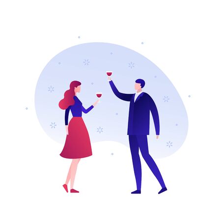 Vector flat holiday celebrate people illustration. Man and woman holding wineglass isolated on white background. Corporate business and date concept Design element for banner, poster, web, infographicのイラスト素材