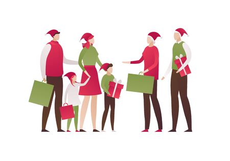 Vector flat family celebration illustration. Group of people with holiday gift and present bags and boxes isolated on white background. Concept of big family. Design elements for banner, poster, web.のイラスト素材