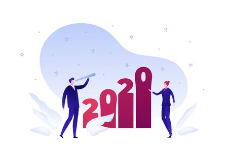 Vector flat new year celebration business people illustration. Businessman team with 2020 text on column chart isolated on white background. Holiday concept. Design element for banner, poster, webのイラスト素材